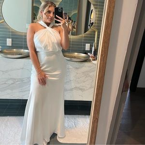 White Satin Halter Neck Twist-Front Maxi Dress